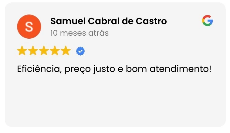 Avaliação no Google de Samuel Cabral de Castro: eficiência, preço justo e bom atendimento