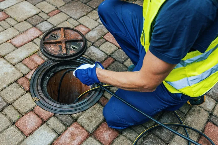Profissional realizando desentupimento em tubulação